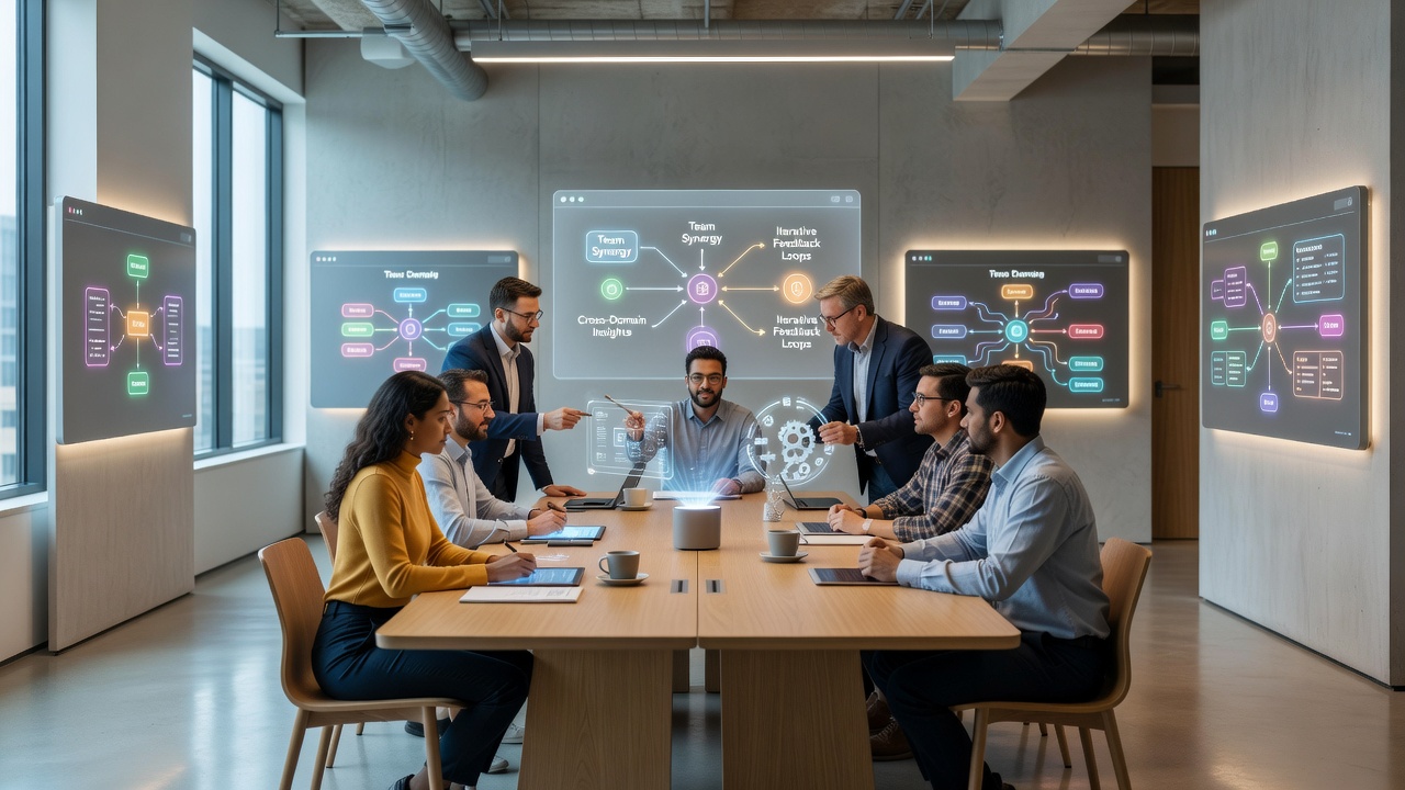 Team members from various fields reviewing synchronized notes on adaptive digital platforms during a collaborative session
