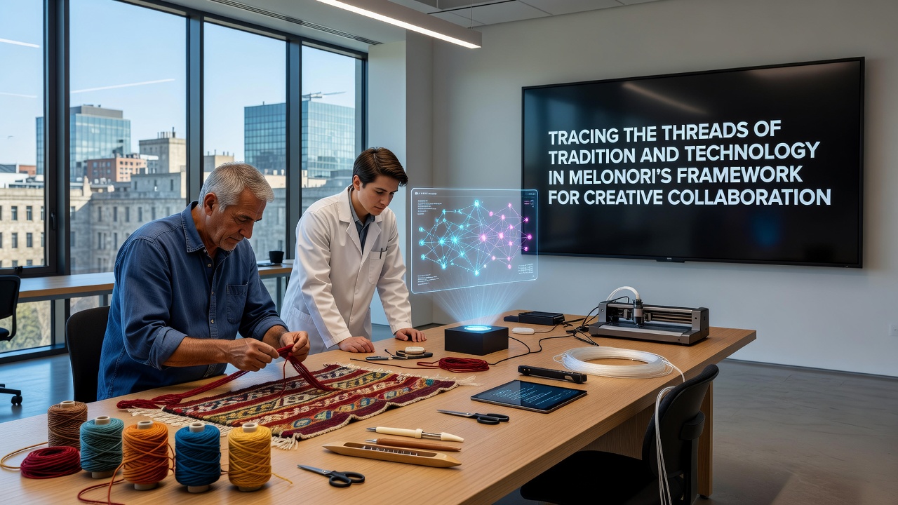 Group of creators using mixed-reality tools to blend hand-drawn sketches with algorithmic refinements during a workshop session